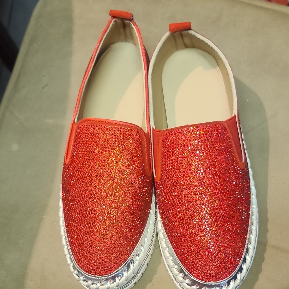 Women’s Red Glitter Slip-On Sneakers - Casual Sparkle